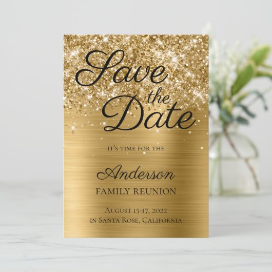 Glittery Gold Foil Family Reunion Save The Date (Staand voorkant)