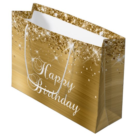Glittery Gold Foil Fancy Happy Birthday Groot Cadeauzakje (Voorkant Gekanteld)