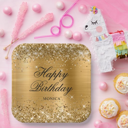 Glittery Gold Foil Fancy Happy Birthday Papieren Bordje (Feest)
