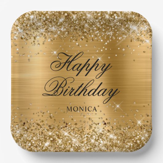 Glittery Gold Foil Fancy Happy Birthday Papieren Bordje (Voorkant)