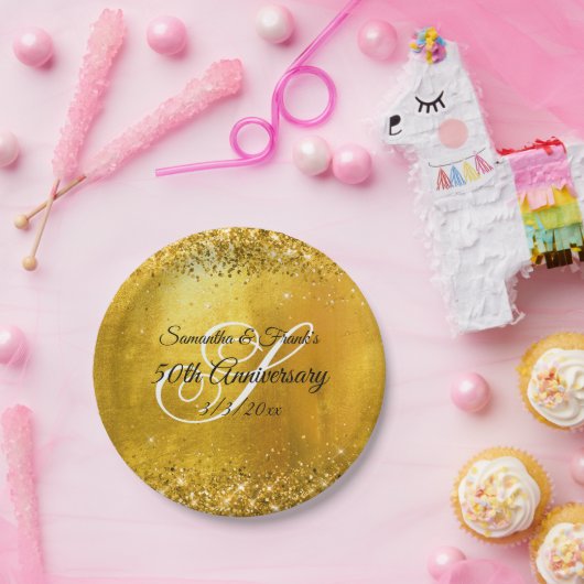 Glittery Gold Foil Fancy Monogram 50e Jubileum Papieren Bordje (Feest)