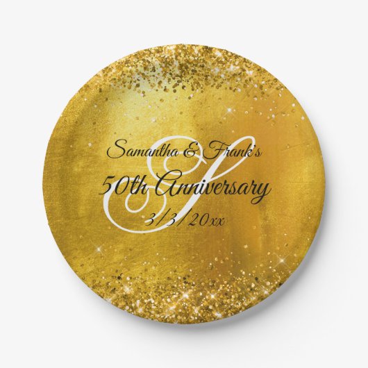 Glittery Gold Foil Fancy Monogram 50e Jubileum Papieren Bordje (Voorkant)