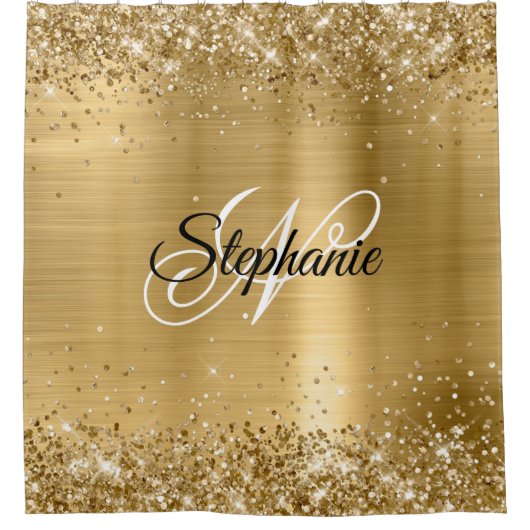 Glittery Gold Foil Fancy Monogram Douchegordijn (Voorkant)