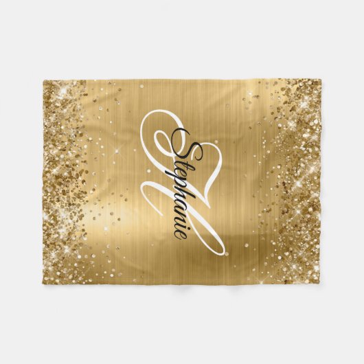 Glittery Gold Foil Fancy Monogram Fleece Deken (Voorkant (Horizontaal))