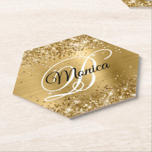 Glittery Gold Foil Fancy Monogram Kartonnen Onderzetters