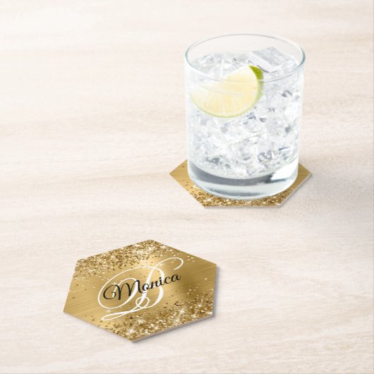 Glittery Gold Foil Fancy Monogram Kartonnen Onderzetters (Insitu)