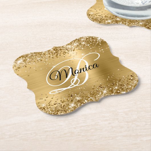 Glittery Gold Foil Fancy Monogram Kartonnen Onderzetters (Gekanteld)