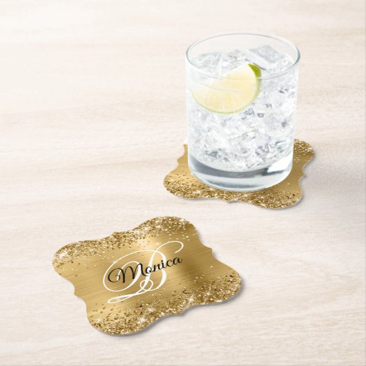 Glittery Gold Foil Fancy Monogram Kartonnen Onderzetters (Insitu)