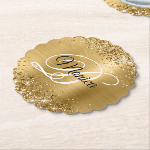 Glittery Gold Foil Fancy Monogram Kartonnen Onderzetters