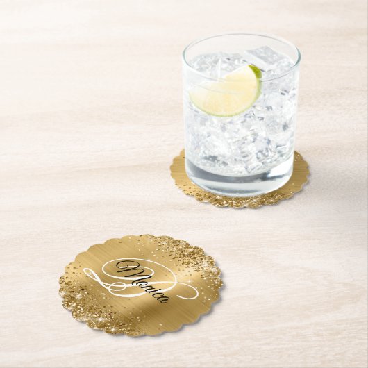 Glittery Gold Foil Fancy Monogram Kartonnen Onderzetters (Insitu)