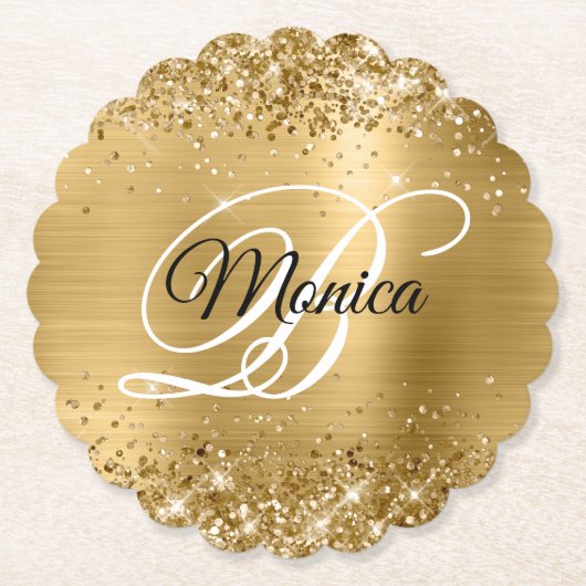 Glittery Gold Foil Fancy Monogram Kartonnen Onderzetters (Voorkant)