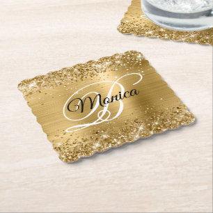 Glittery Gold Foil Fancy Monogram Kartonnen Onderzetters