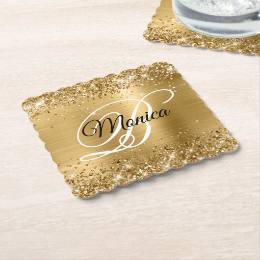 Glittery Gold Foil Fancy Monogram Kartonnen Onderzetters (Gebogen)