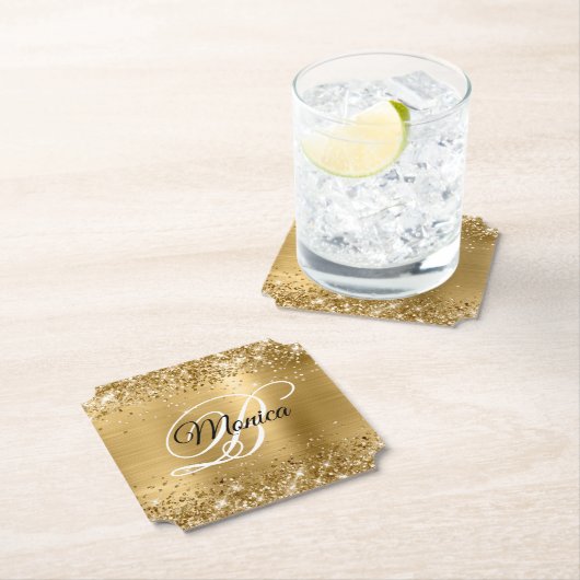 Glittery Gold Foil Fancy Monogram Kartonnen Onderzetters (Insitu)