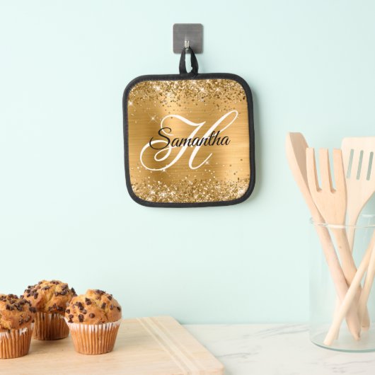 Glittery Gold Foil Fancy Monogram Pannenlap (Insitu(Ophanging))