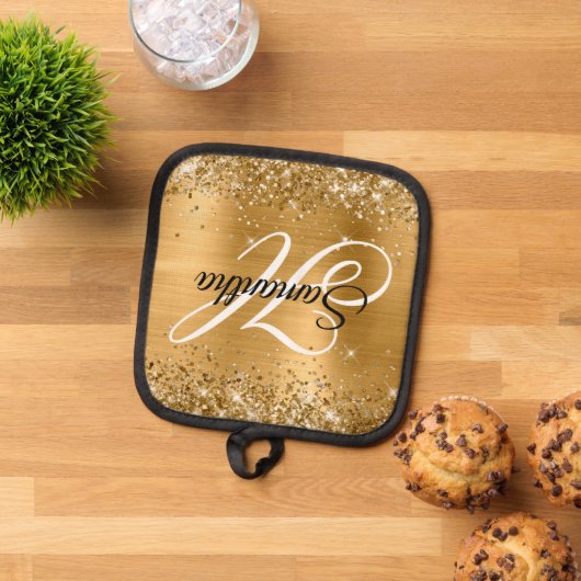 Glittery Gold Foil Fancy Monogram Pannenlap (Top down)
