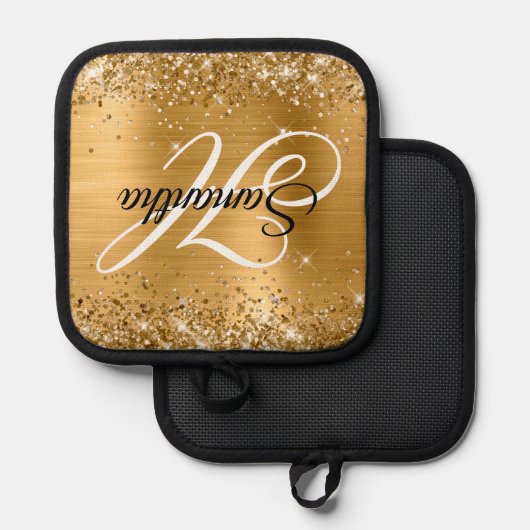 Glittery Gold Foil Fancy Monogram Pannenlap (Voorkant / Achterkant)