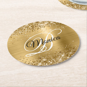 Glittery Gold Foil Fancy Monogram Ronde Kartonnen Onderzetter