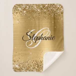 Glittery Gold Foil Fancy Monogram Sherpa Deken