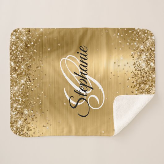 Glittery Gold Foil Fancy Monogram Sherpa Deken (Voorkant (horizontaal))