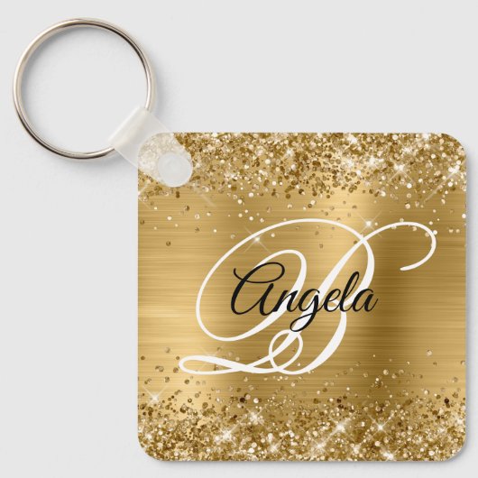 Glittery Gold Foil Fancy Monogram Sleutelhanger (Voorkant)
