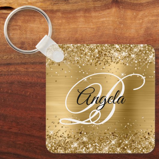 Glittery Gold Foil Fancy Monogram Sleutelhanger (Voorkant)