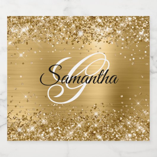 Glittery Gold Foil Fancy Monogram Sparkling Wijnetiket (Enkel label)