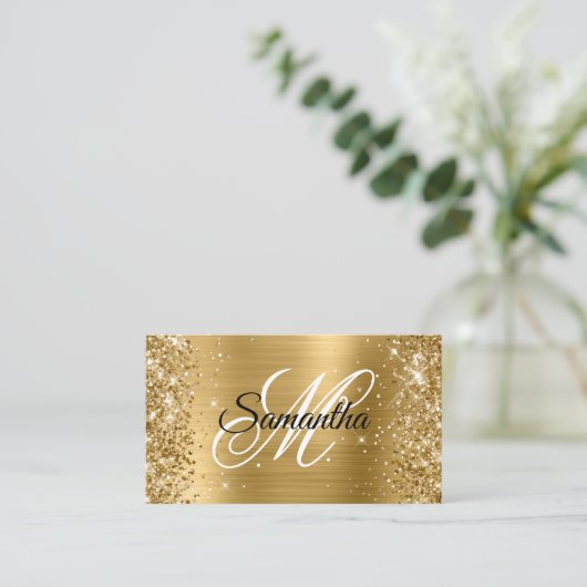 Glittery Gold Foil Fancy Monogram Visitekaartje (Staand voorkant)