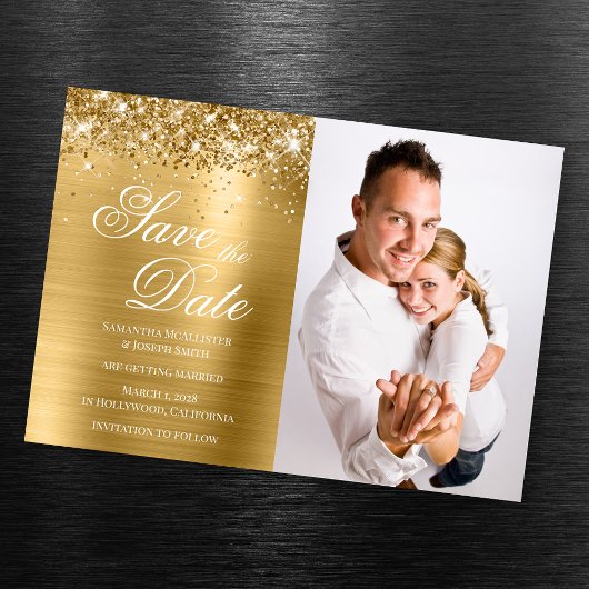Glittery Gold Foil Foto slaat de datum op Magnetische Uitnodiging
