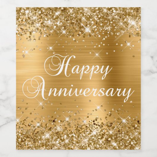 Glittery Gold Foil Happy Jubileum Wijn Etiket (Enkel label)