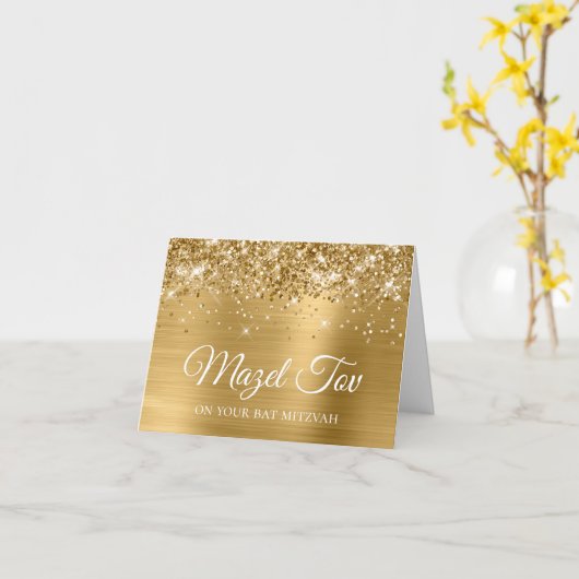 Glittery Gold Foil Mazel Tov op je tas Mitzvah Kaart (Gele Bloem)