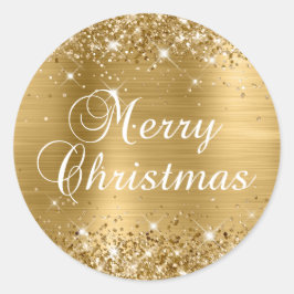 Glittery Gold Foil Merry kerst Ronde Sticker