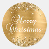 Glittery Gold Foil Merry kerst Ronde Sticker (Voorkant)