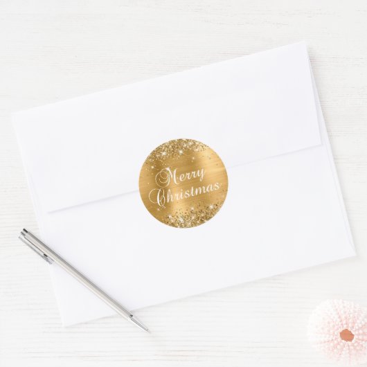 Glittery Gold Foil Merry kerst Ronde Sticker (Envelop)