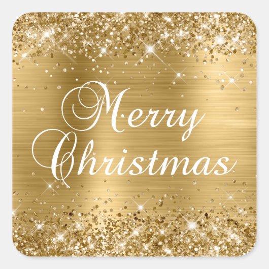 Glittery Gold Foil Merry kerst Vierkante Sticker (Voorkant)