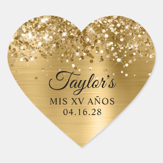 Glittery Gold Foil Mis XV Años Hart Sticker (Voorkant)