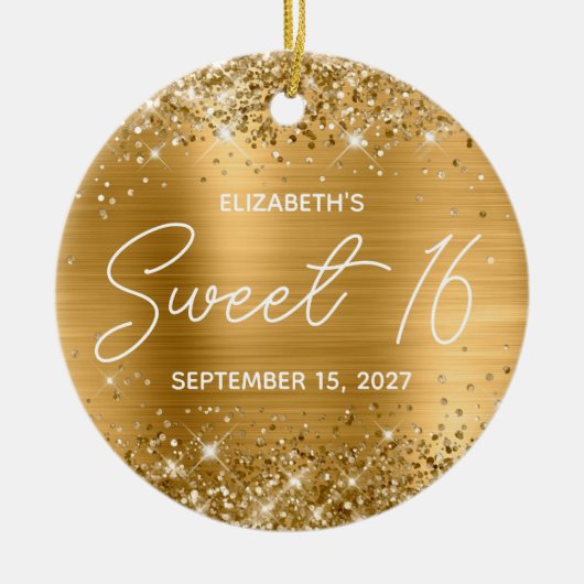 Glittery Gold Foil Modern Fancy Sweet 16 Foto Keramisch Ornament (Voorkant)