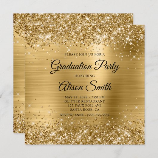 Glittery Gold Foil Monogram Graduation Party Kaart (Voorkant / Achterkant)