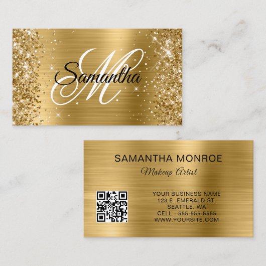 Glittery Gold Foil Monogram QR-code Visitekaartje (Voorkant / Achterkant)