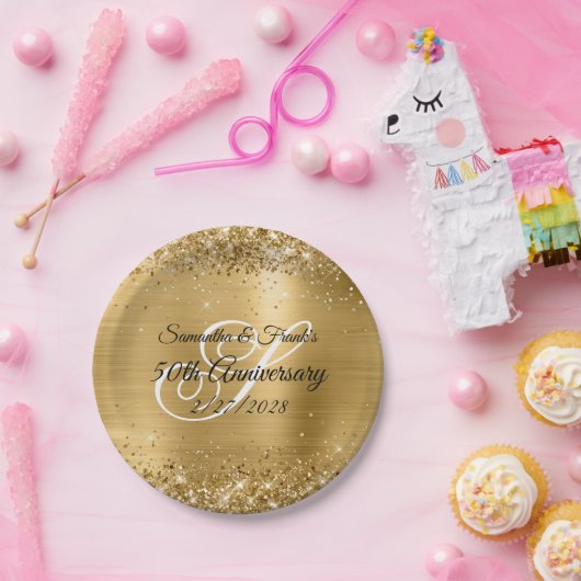 Glittery Gold Foil Monogrammed 50e Jubileum Papieren Bordje (Feest)