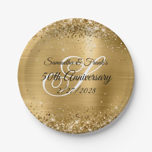 Glittery Gold Foil Monogrammed 50e Jubileum Papieren Bordje (Voorkant)