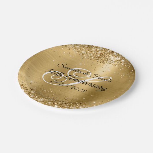 Glittery Gold Foil Monogrammed 50e Jubileum Papieren Bordje (Gekanteld)