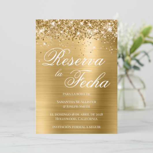 Glittery Gold Foil Photo Reserva La Fecha Kaart (Staand voorkant)