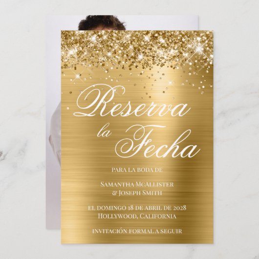Glittery Gold Foil Photo Reserva La Fecha Kaart (Voorkant / Achterkant)