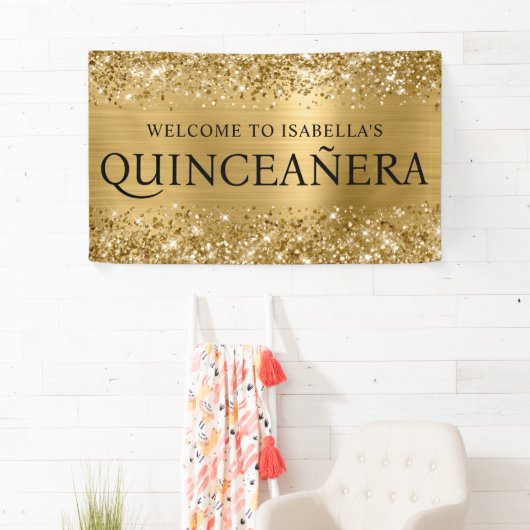 Glittery Gold Foil Quinceanera Alle Petten Welkom Spandoek (Insitu)