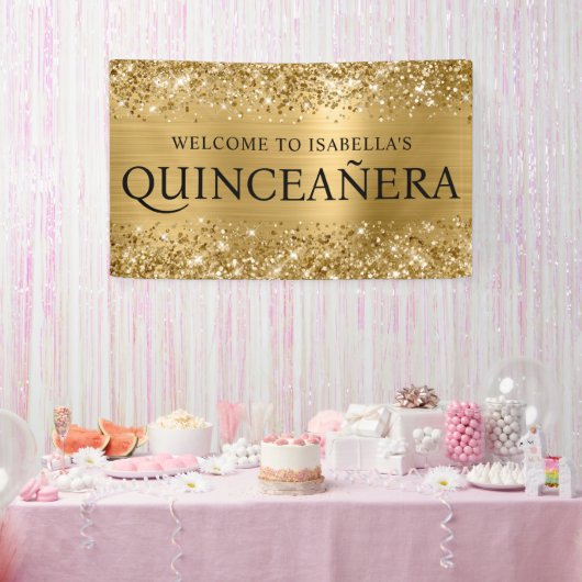 Glittery Gold Foil Quinceanera Alle Petten Welkom Spandoek (Feest)