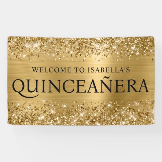 Glittery Gold Foil Quinceanera Alle Petten Welkom Spandoek (Horizontaal)
