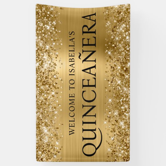 Glittery Gold Foil Quinceanera Alle Petten Welkom Spandoek (Verticaal)