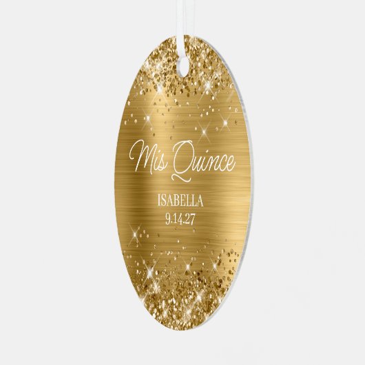 Glittery Gold Foil Quinceañera Dress Foto Metalen Ornament (Voorkant links)