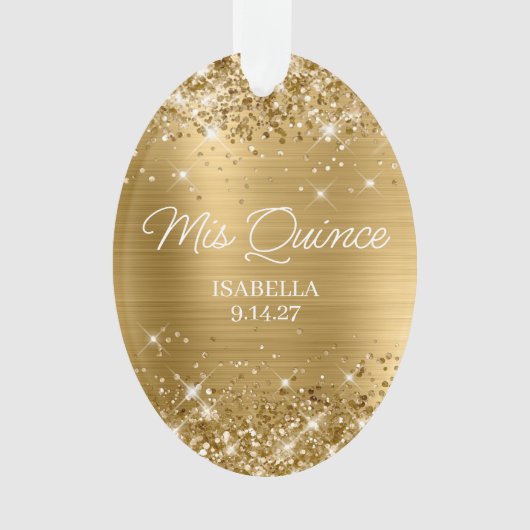 Glittery Gold Foil Quinceañera Dress Foto Ornament (voorkant)